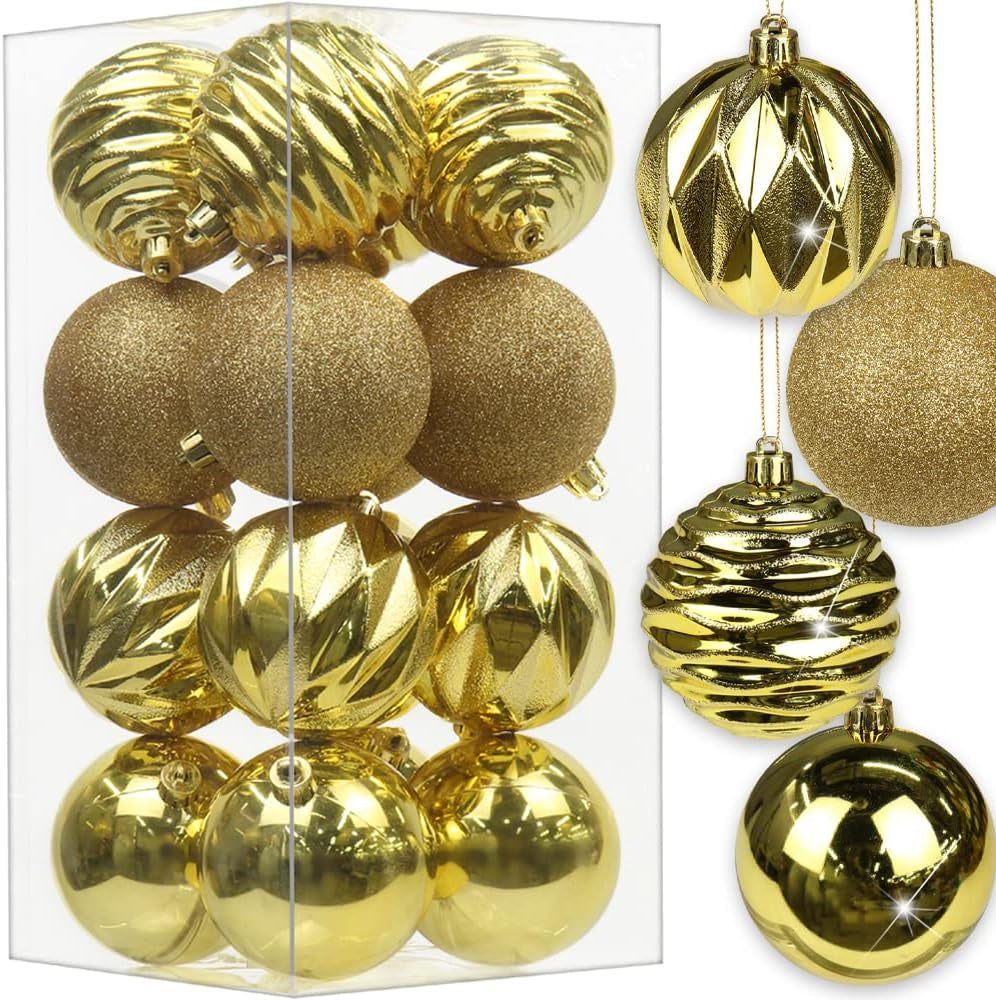 3.14" Christmas Ball Ornaments 16 Pcs Christmas Tree Decorations Set Shatterproof Large Gold Christmas Ornaments Balls with Hanging Loop for Holiday Party Wreath Tabletop Xmas Tree Decor