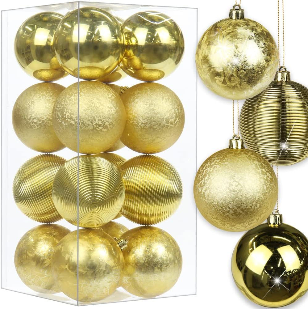 3.14" Christmas Ball Ornaments 16 Pcs Christmas Tree Decorations Set Shatterproof Large Gold Christmas Ornaments Balls with Hanging Loop for Holiday Party Wreath Tabletop Xmas Tree Decor