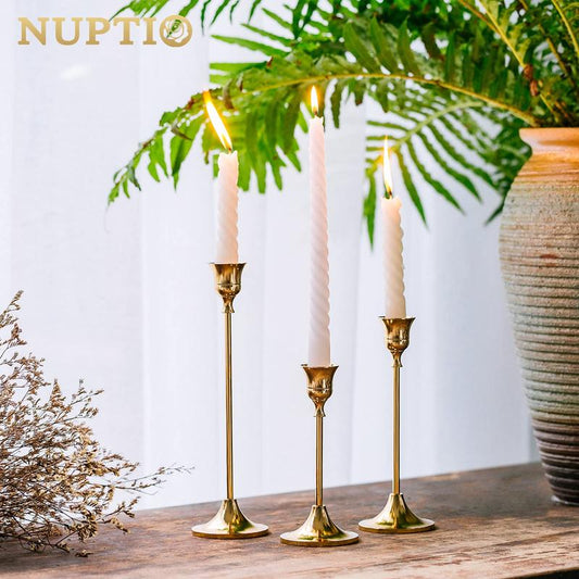 Candlestick Holders Taper Candle Holders, Set of 3 Modern Candle Stick Holders Set, Brass Gold Candlestick Holder Set, Vintage Decorative Centerpiece for Table Mantel Wedding Housewarming Gift Metal Ornaments Taper Candleholders Antique