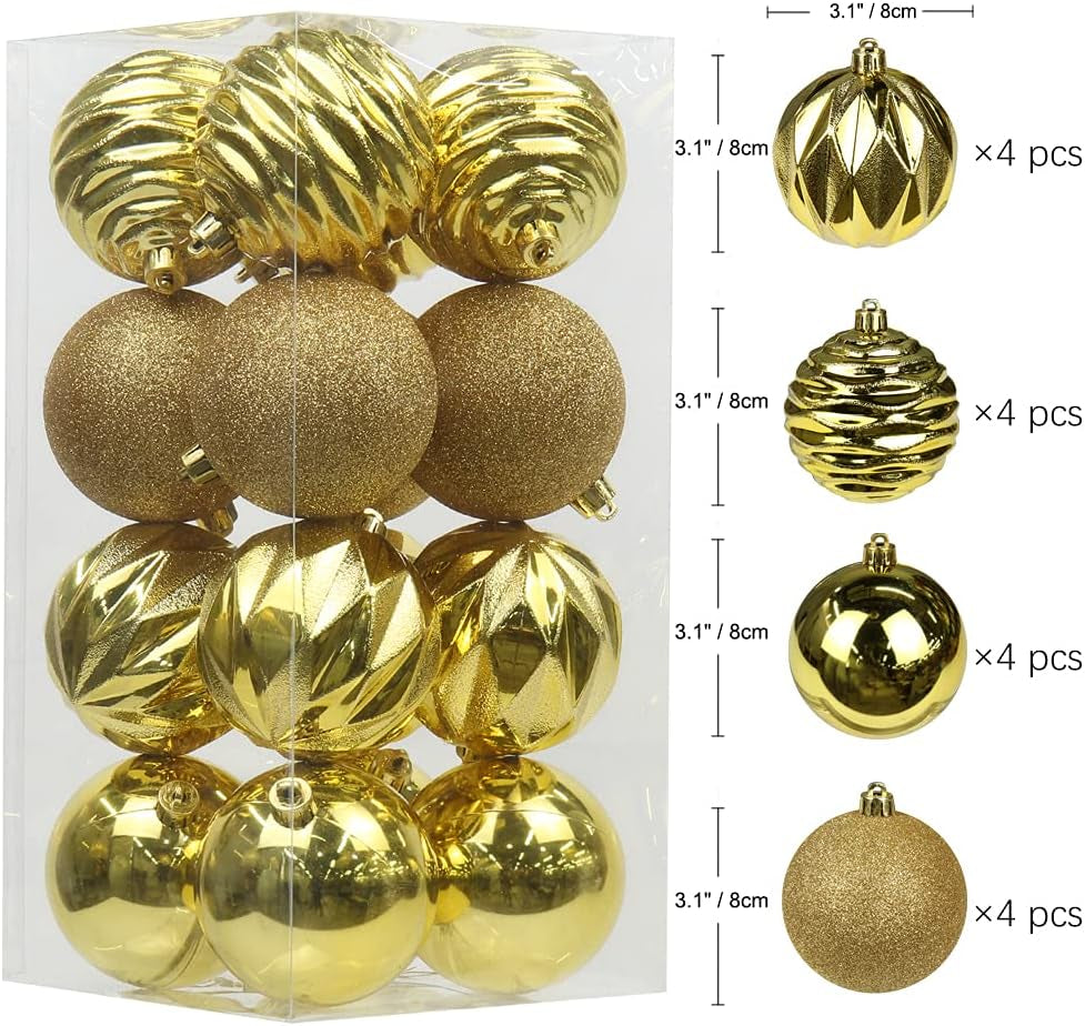 3.14" Christmas Ball Ornaments 16 Pcs Christmas Tree Decorations Set Shatterproof Large Gold Christmas Ornaments Balls with Hanging Loop for Holiday Party Wreath Tabletop Xmas Tree Decor